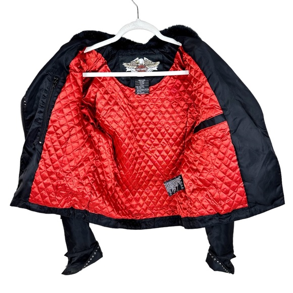 Harley Davidson Women’s Nylon Motorcycle Biker Jacket Black Cropped Small Fur - Picture 9 of 17